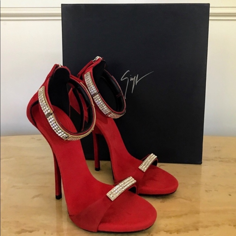 Giuseppe Zanotti Alien red suede open toe heels encrusted w/crystals. Sz 7.5